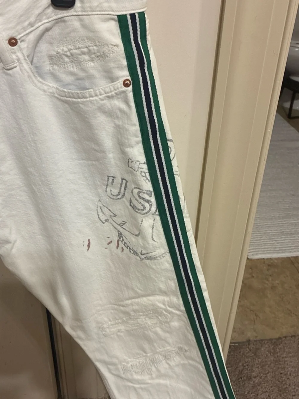 Polo by Ralph Lauren White Slim Straight Jeans with Green & Navy Side Stripes